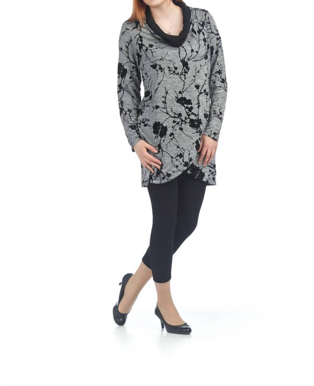 NEW PAPILLON velvet floral crossover tunic with cowl neck in black/grey
